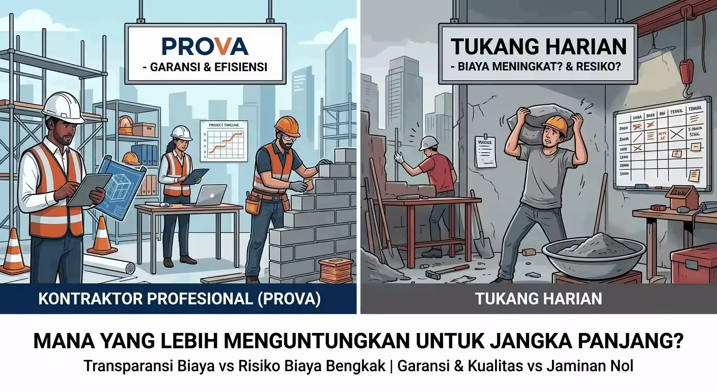 Proses pembangunan rumah oleh kontraktor profesional Prova dibandingkan dengan pengerjaan tukang harian